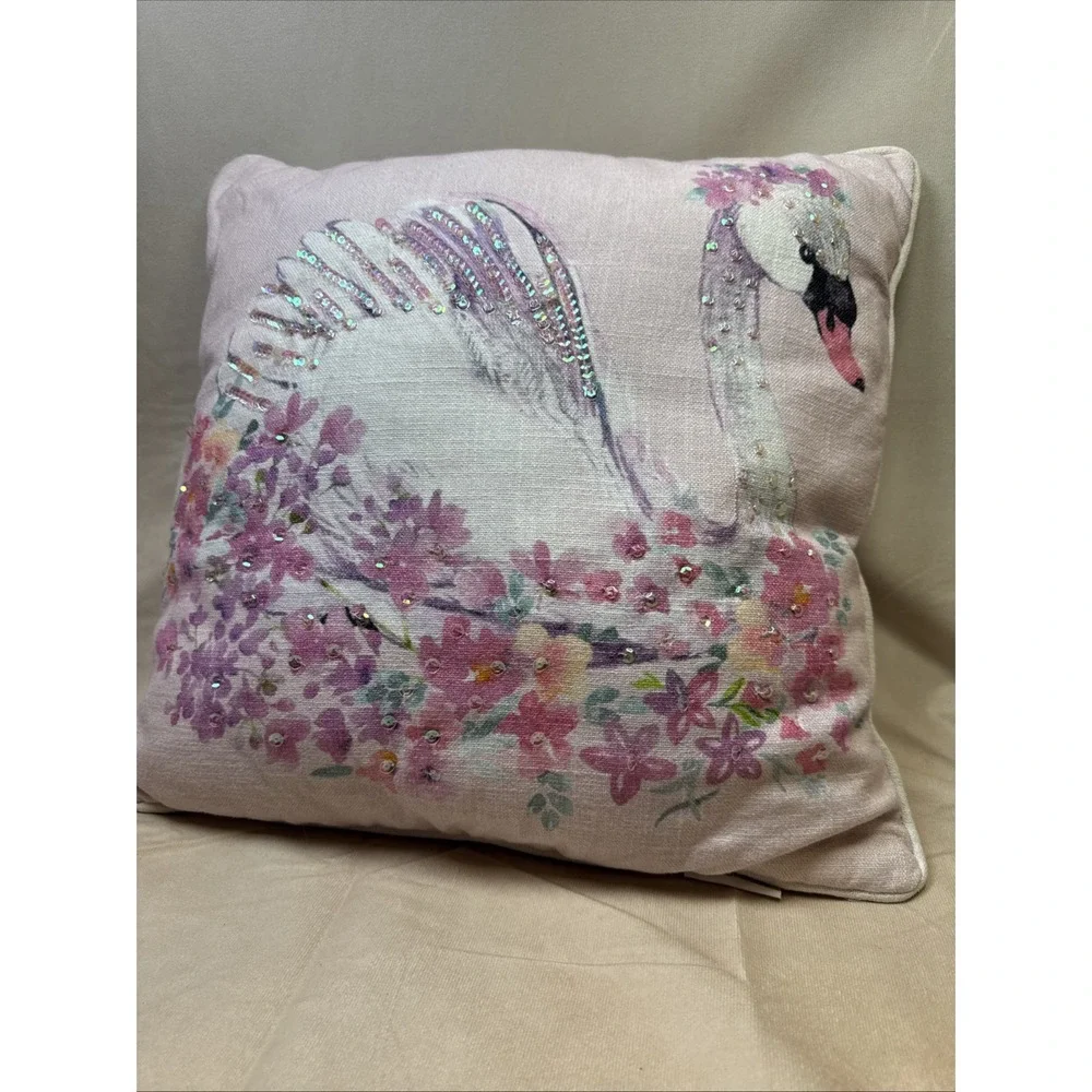 Envogue Kid Spring Floral Swan Sequin pink Easter 17x17 Decorative Accent Pillow